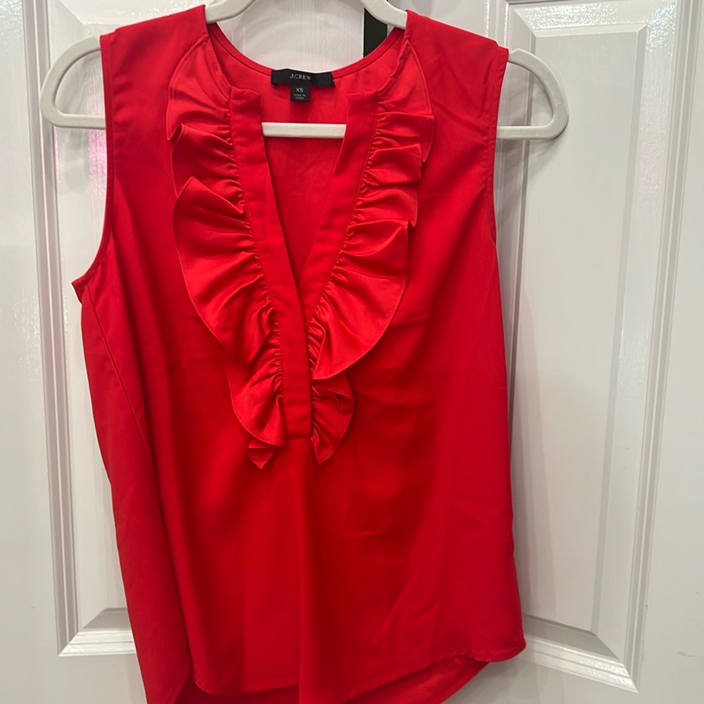 J. Crew Red Sleeveless Ruffle V-Neck Blouse